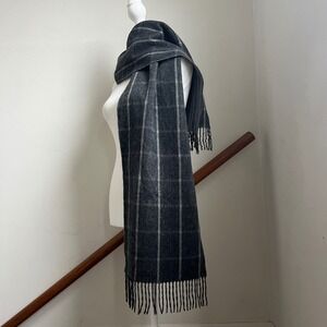Andrew Stewart Scarf Mens Gray 100% Cashmere Reversible Windowpane Stripe Italy